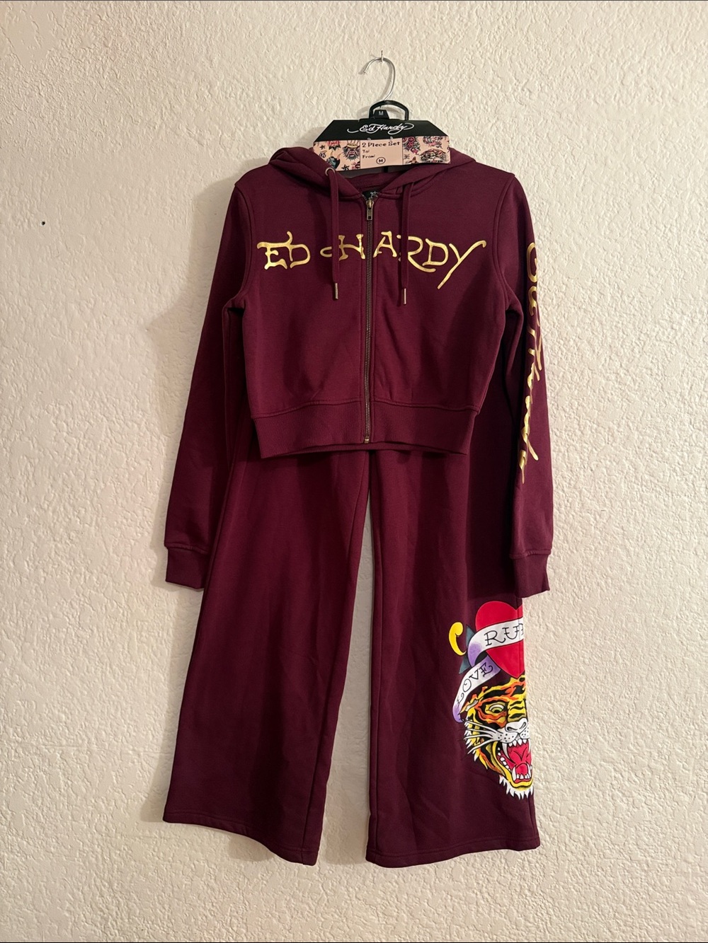 NWT Ed Hardy Sweatsuit Track 2 pc Sangria Retro Tiger Y2K Zip Jacket Pants sz M